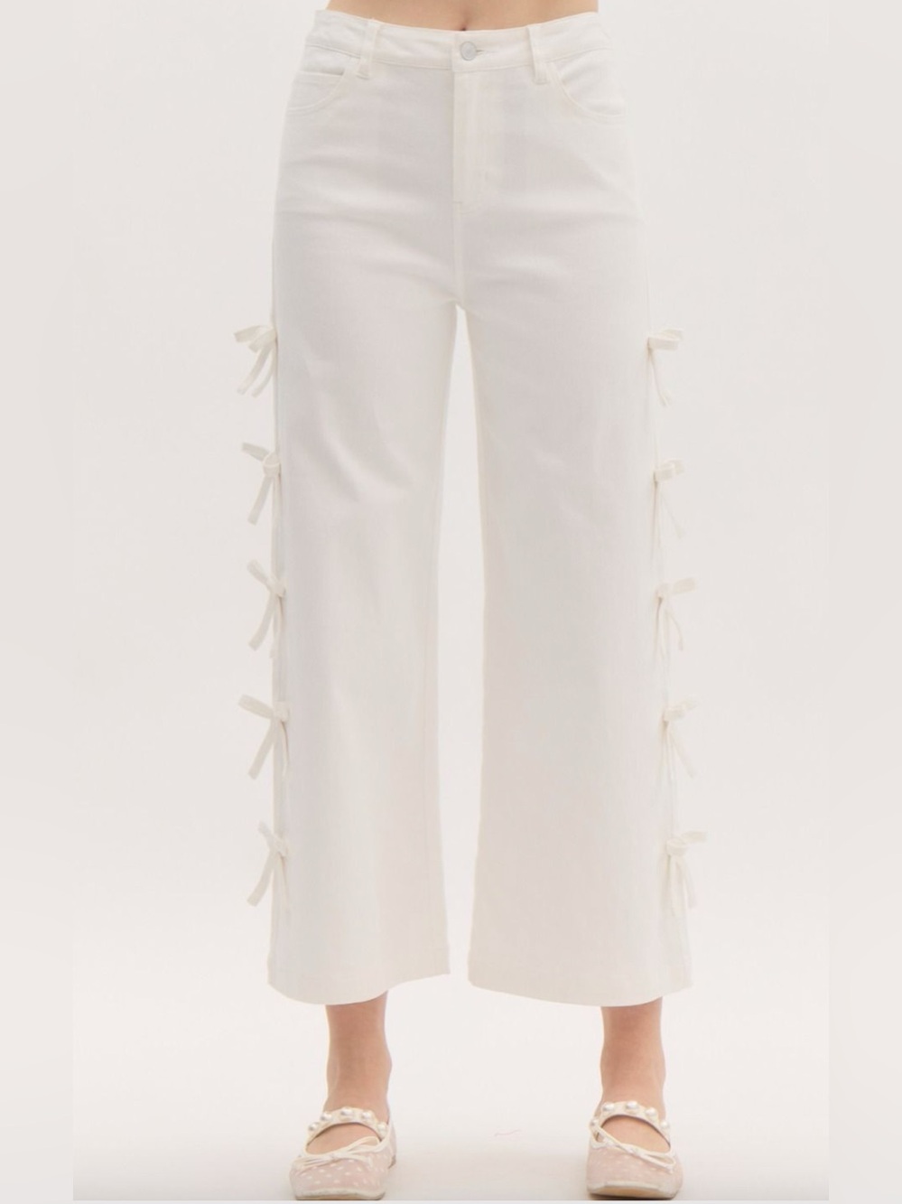 Entro White Side Bow Tie Wide Leg Crop Denim Jeans Coquette Girly Ribbon Pants L